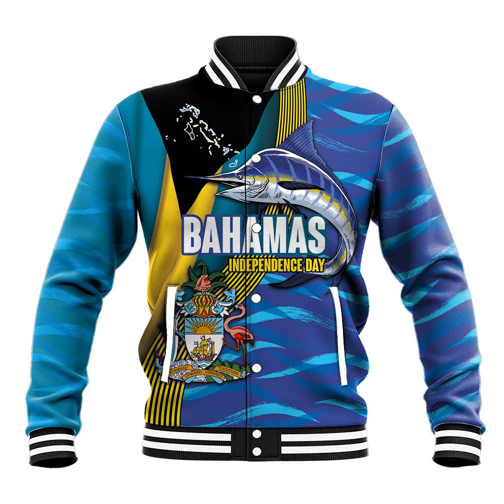 Bahamas Independence Day Baseball Jacket National Flag Style with Blue Marlin and Emblem