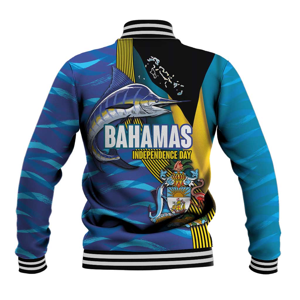 Bahamas Independence Day Baseball Jacket National Flag Style with Blue Marlin and Emblem