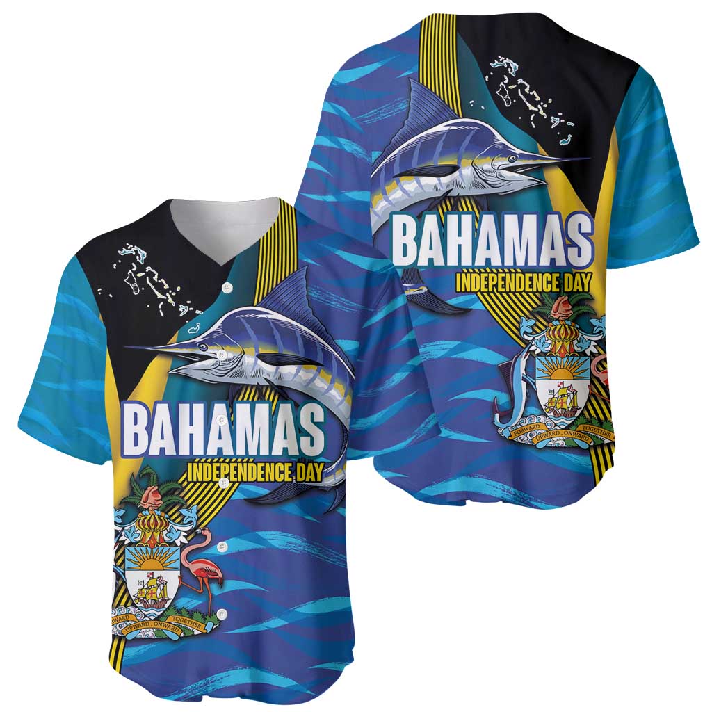 Bahamas Independence Day Baseball Jersey National Flag Style with Blue Marlin and Emblem