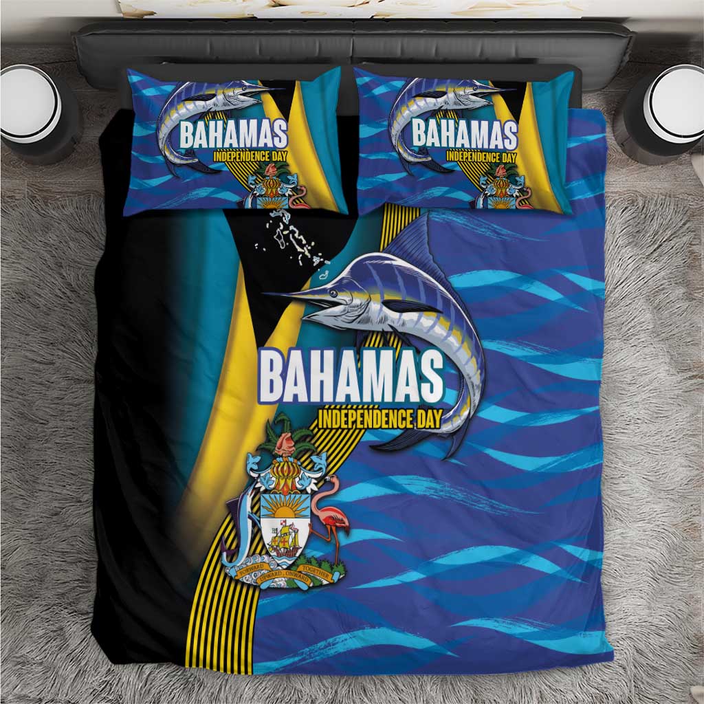 Bahamas Independence Day Bedding Set National Flag Style with Blue Marlin and Emblem