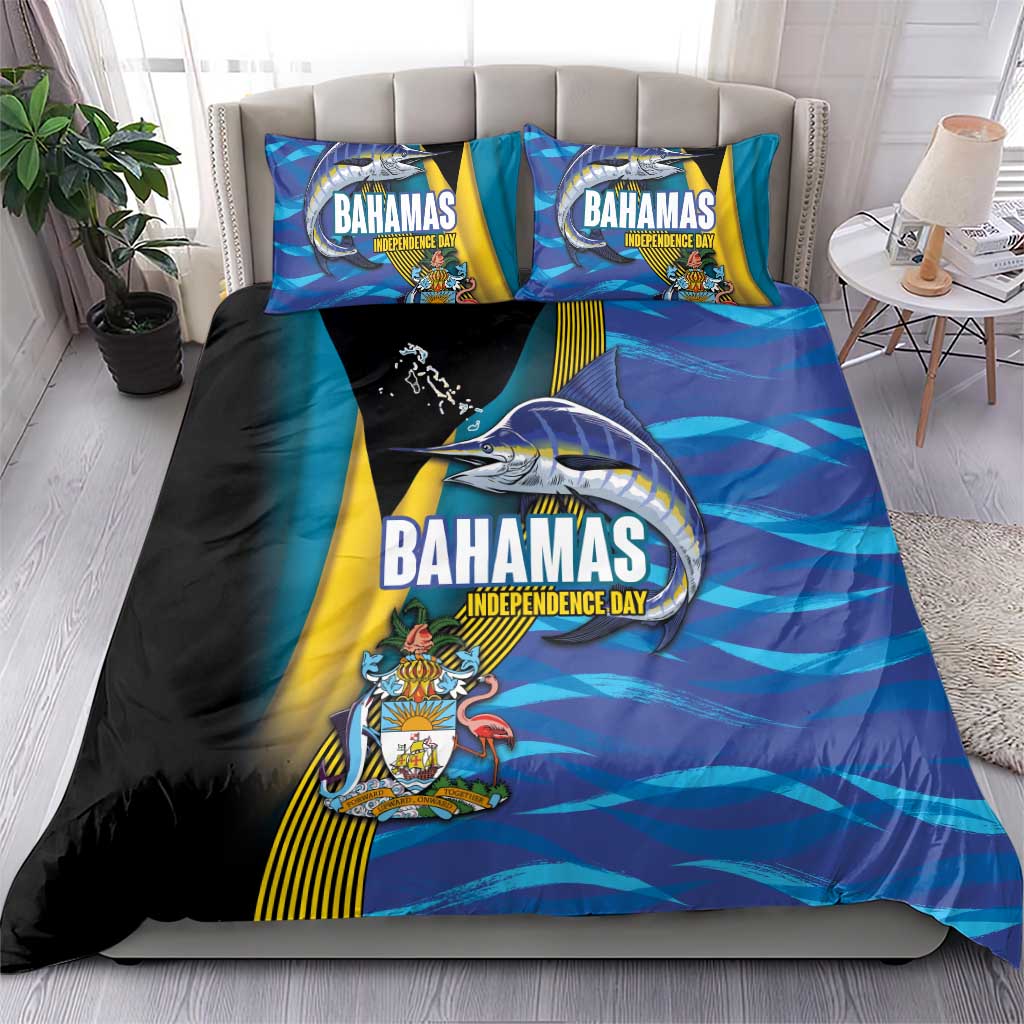 Bahamas Independence Day Bedding Set National Flag Style with Blue Marlin and Emblem