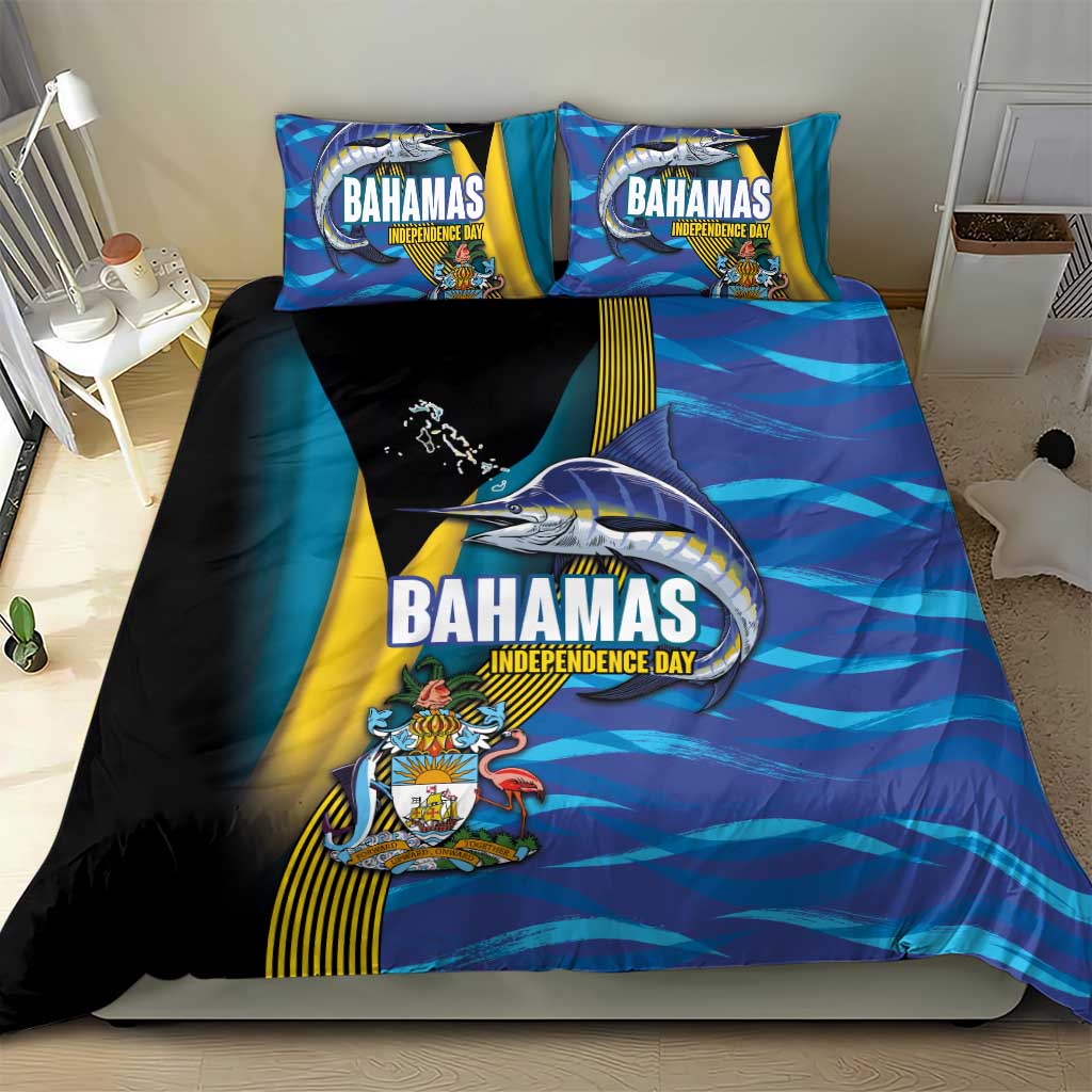 Bahamas Independence Day Bedding Set National Flag Style with Blue Marlin and Emblem