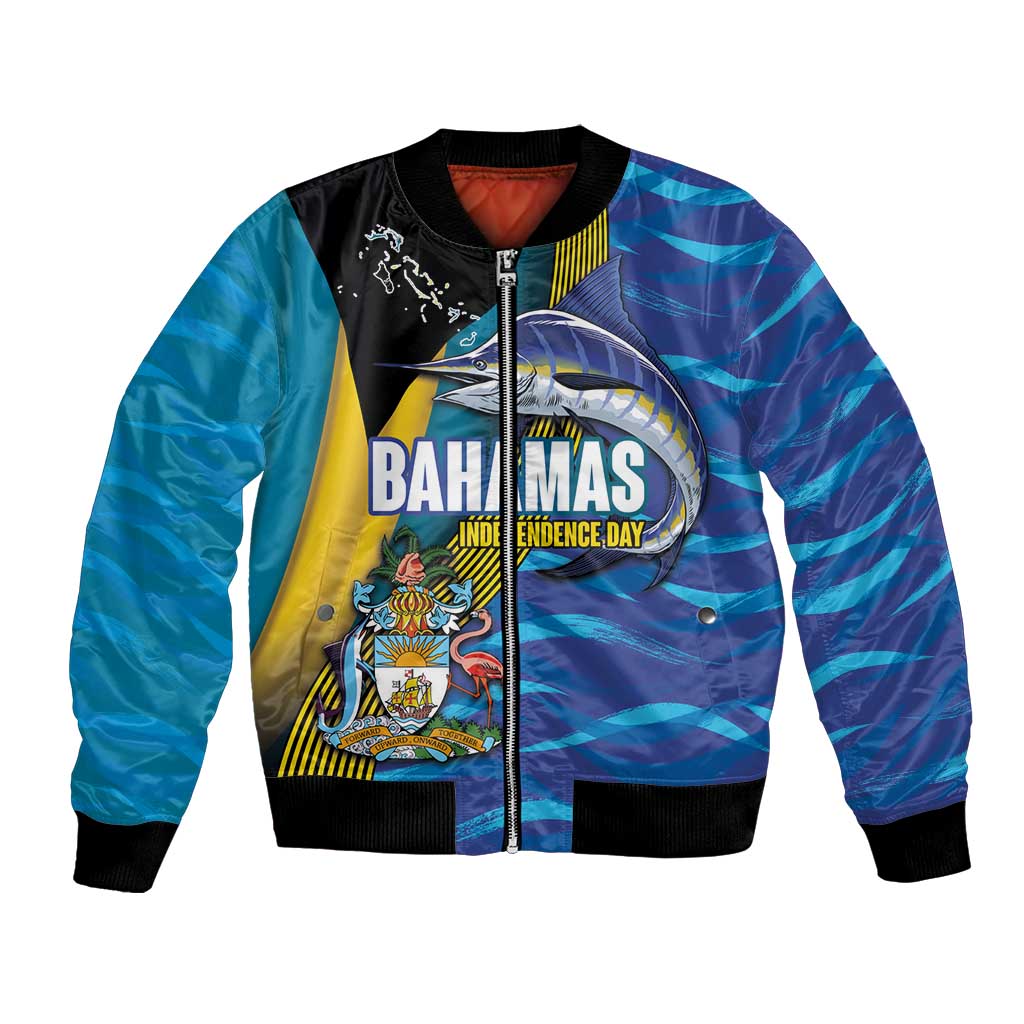 Bahamas Independence Day Bomber Jacket National Flag Style with Blue Marlin and Emblem