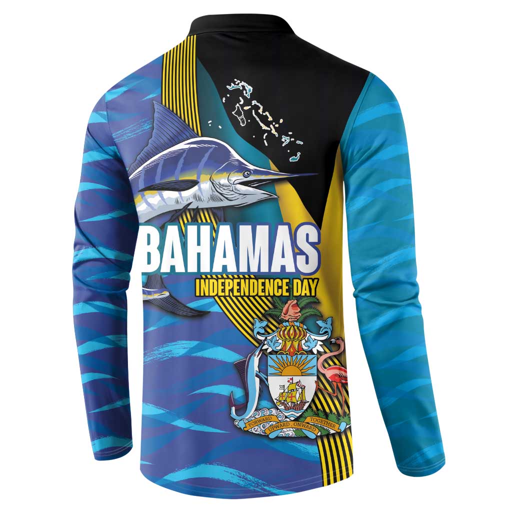Bahamas Independence Day Button Sweatshirt National Flag Style with Blue Marlin and Emblem