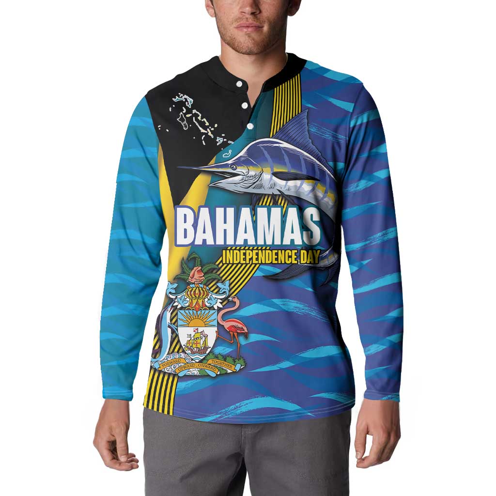 Bahamas Independence Day Button Sweatshirt National Flag Style with Blue Marlin and Emblem