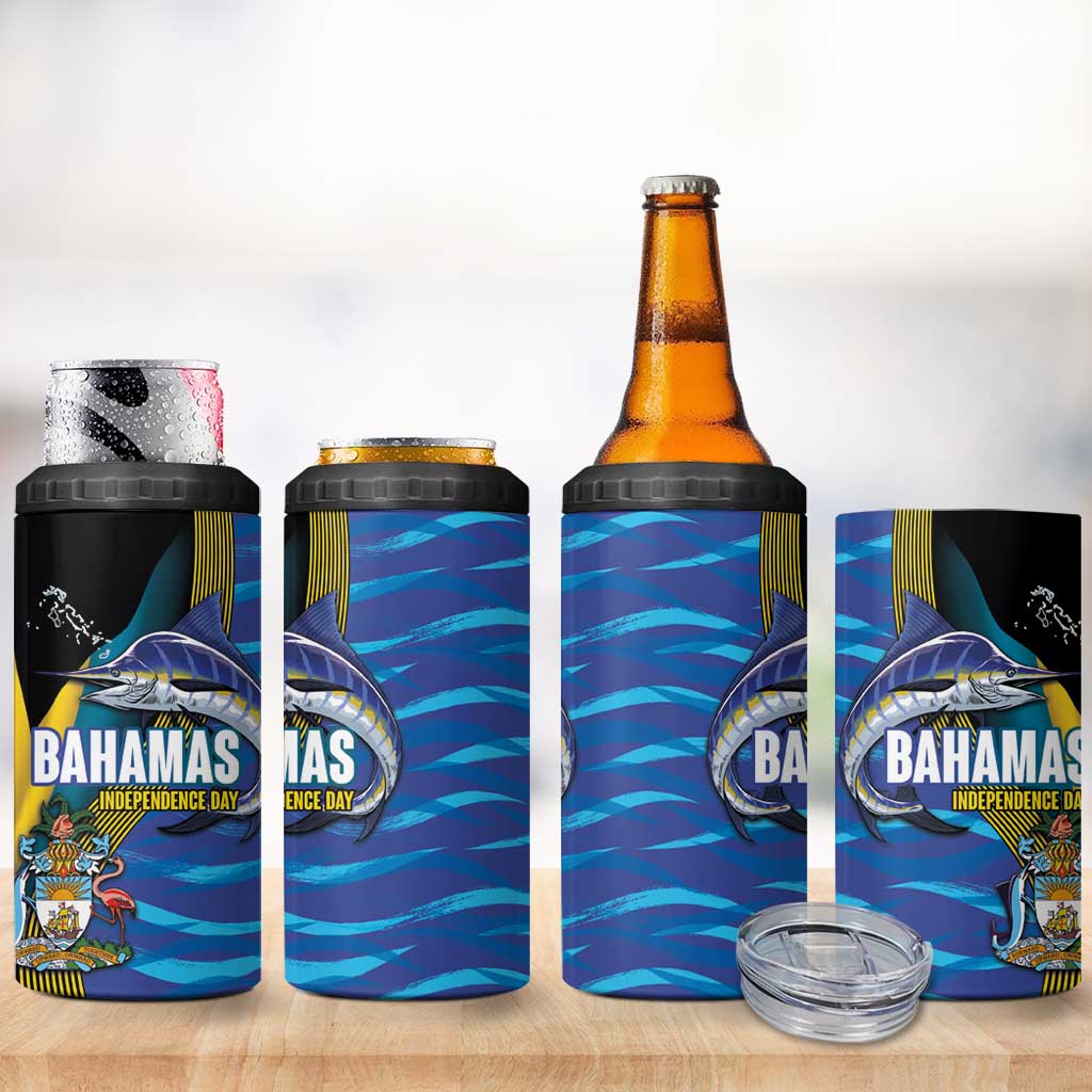 Bahamas Independence Day 4 in 1 Can Cooler Tumbler National Flag Style with Blue Marlin and Emblem