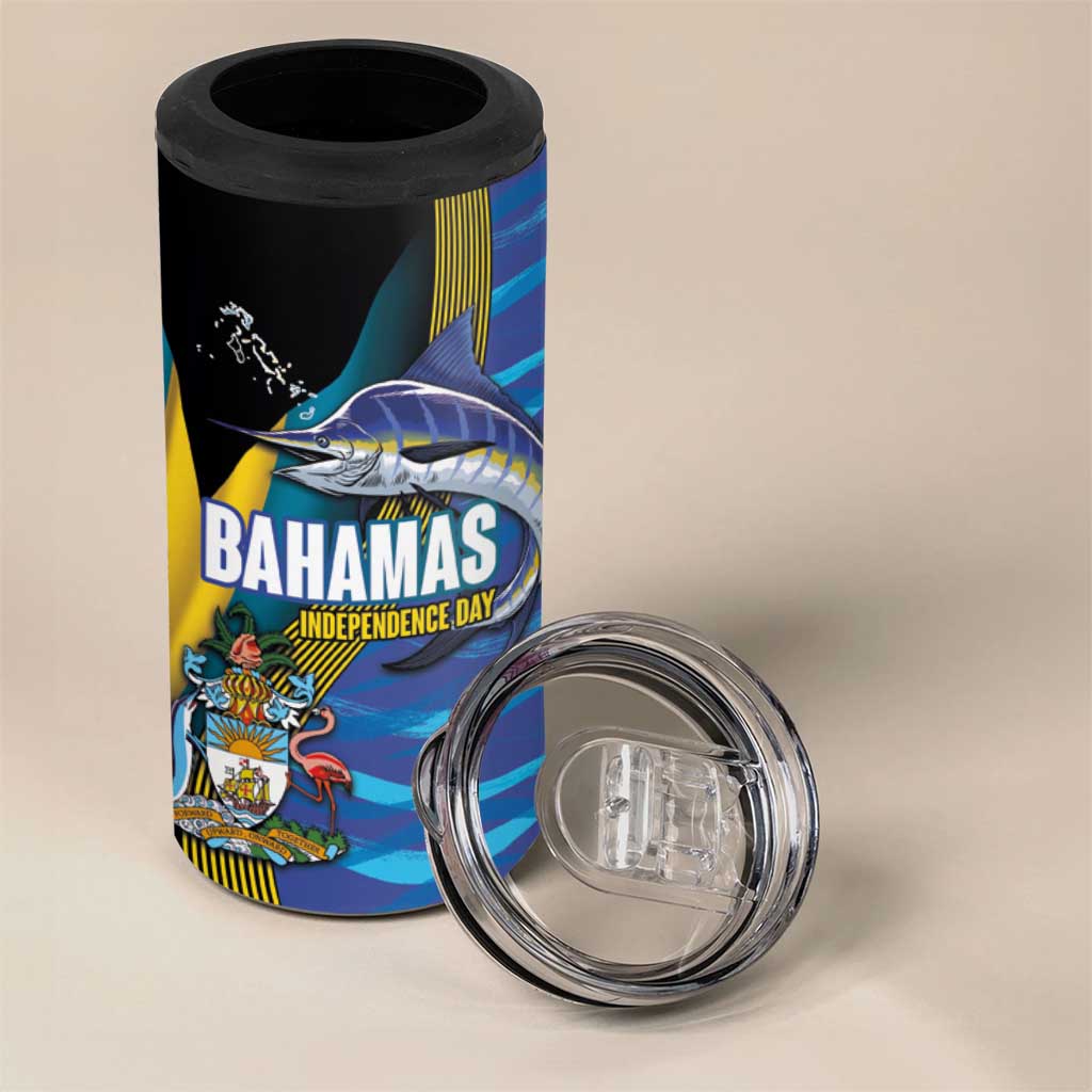 Bahamas Independence Day 4 in 1 Can Cooler Tumbler National Flag Style with Blue Marlin and Emblem