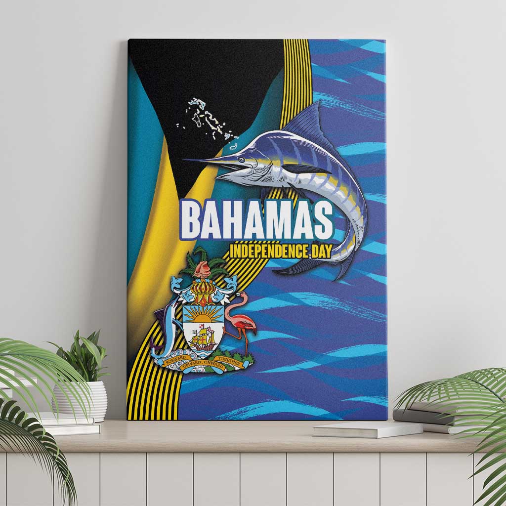 Bahamas Independence Day Canvas Wall Art National Flag Style with Blue Marlin and Emblem