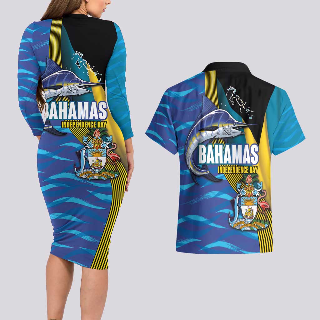Bahamas Independence Day Couples Matching Long Sleeve Bodycon Dress and Hawaiian Shirt National Flag Style with Blue Marlin and Emblem