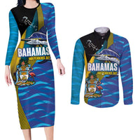 Bahamas Independence Day Couples Matching Long Sleeve Bodycon Dress and Long Sleeve Button Shirt National Flag Style with Blue Marlin and Emblem