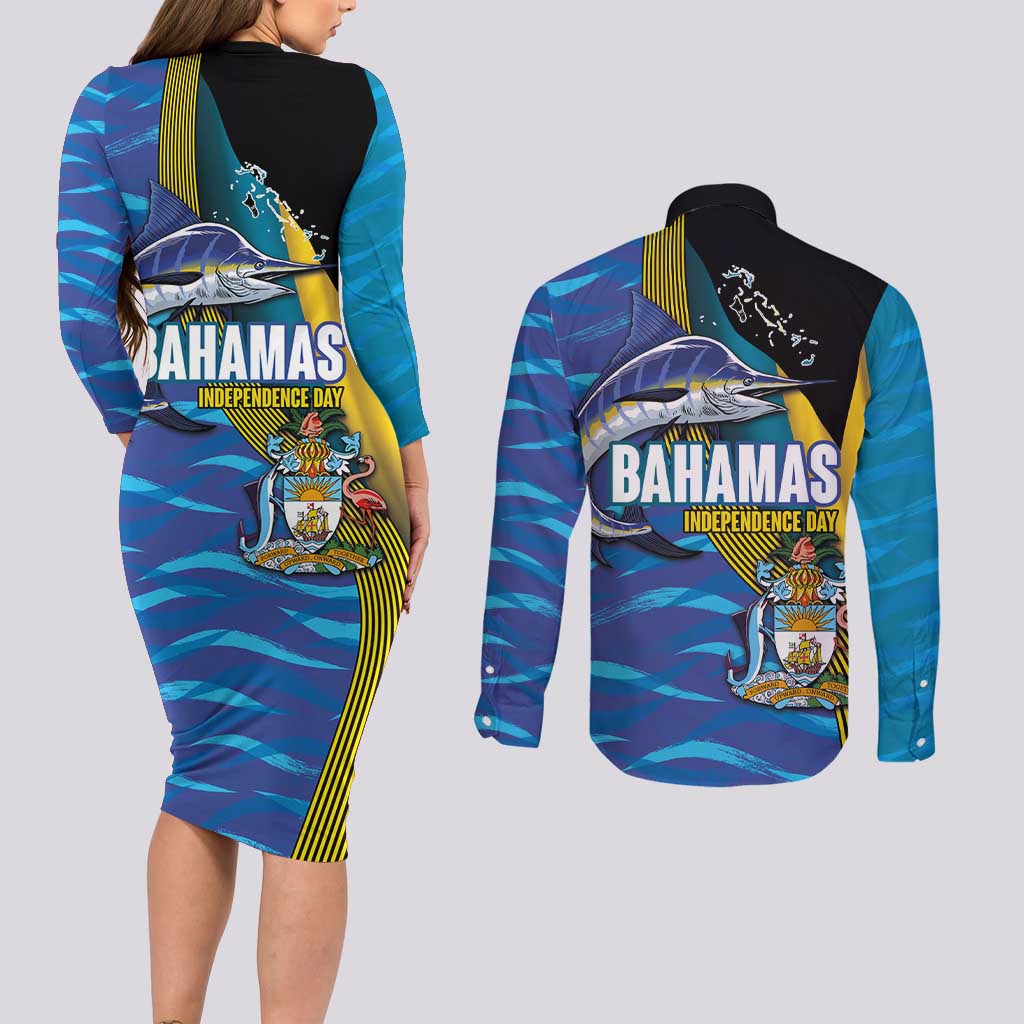 Bahamas Independence Day Couples Matching Long Sleeve Bodycon Dress and Long Sleeve Button Shirt National Flag Style with Blue Marlin and Emblem