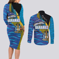 Bahamas Independence Day Couples Matching Long Sleeve Bodycon Dress and Long Sleeve Button Shirt National Flag Style with Blue Marlin and Emblem