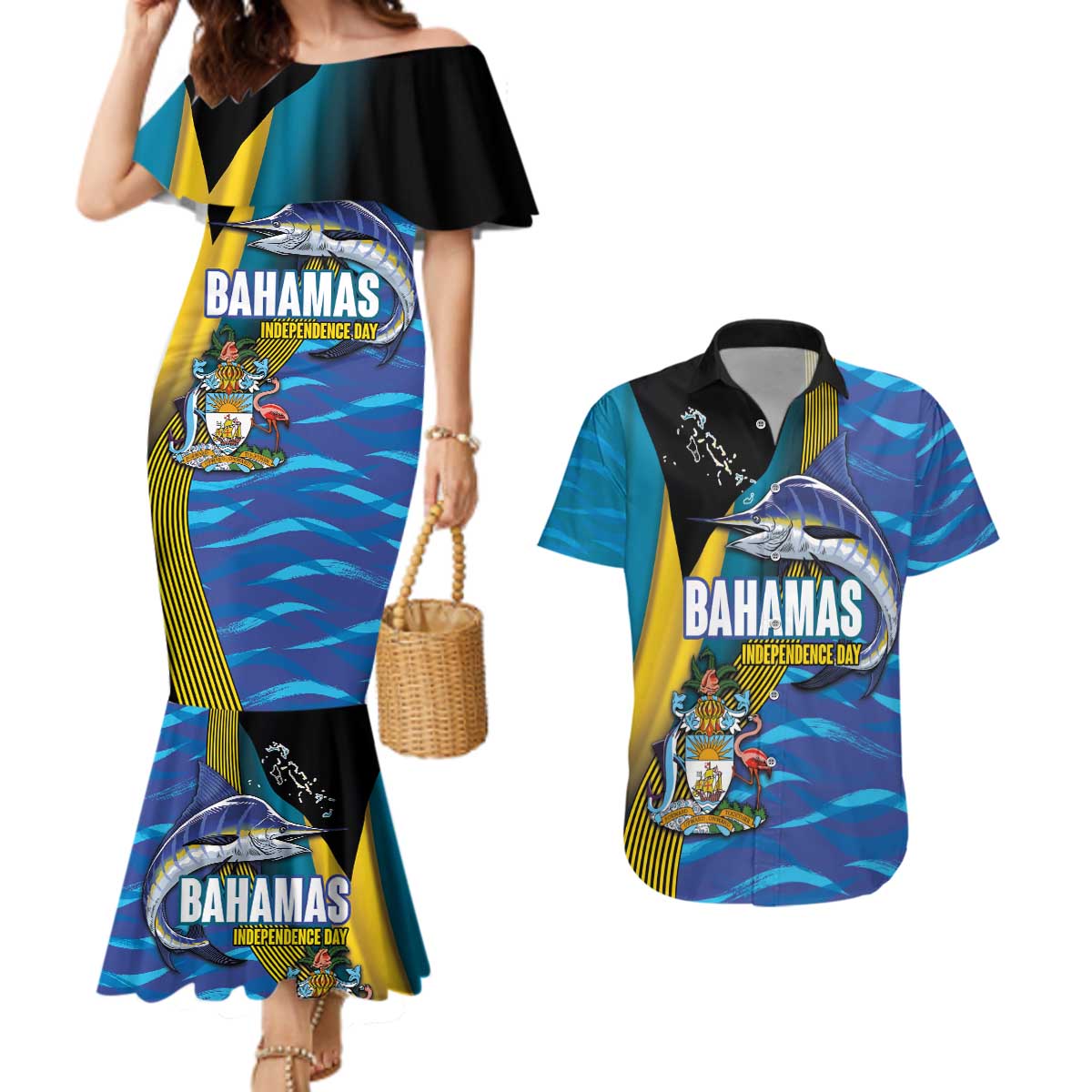 Bahamas Independence Day Couples Matching Mermaid Dress and Hawaiian Shirt National Flag Style with Blue Marlin and Emblem