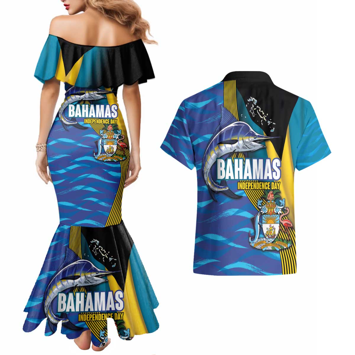 Bahamas Independence Day Couples Matching Mermaid Dress and Hawaiian Shirt National Flag Style with Blue Marlin and Emblem