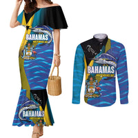 Bahamas Independence Day Couples Matching Mermaid Dress and Long Sleeve Button Shirt National Flag Style with Blue Marlin and Emblem