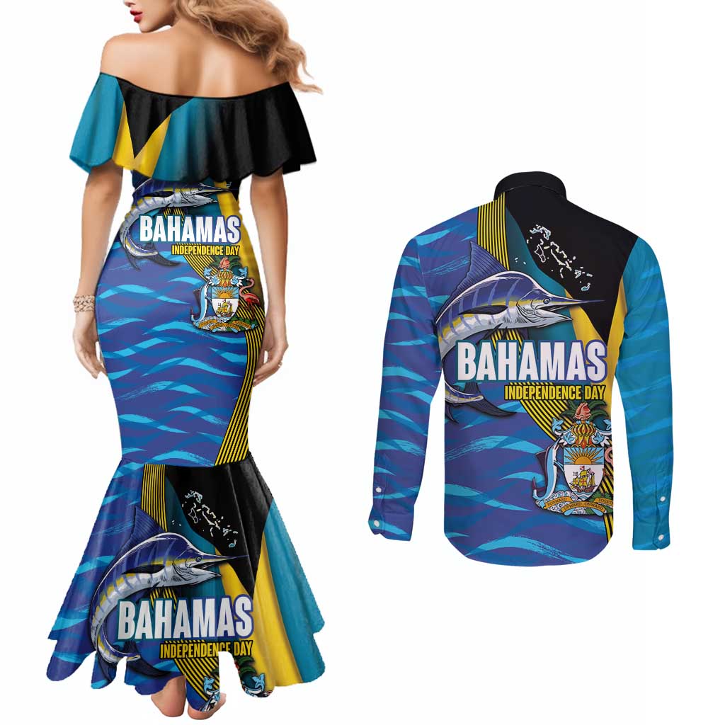Bahamas Independence Day Couples Matching Mermaid Dress and Long Sleeve Button Shirt National Flag Style with Blue Marlin and Emblem