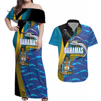 Bahamas Independence Day Couples Matching Off Shoulder Maxi Dress and Hawaiian Shirt National Flag Style with Blue Marlin and Emblem
