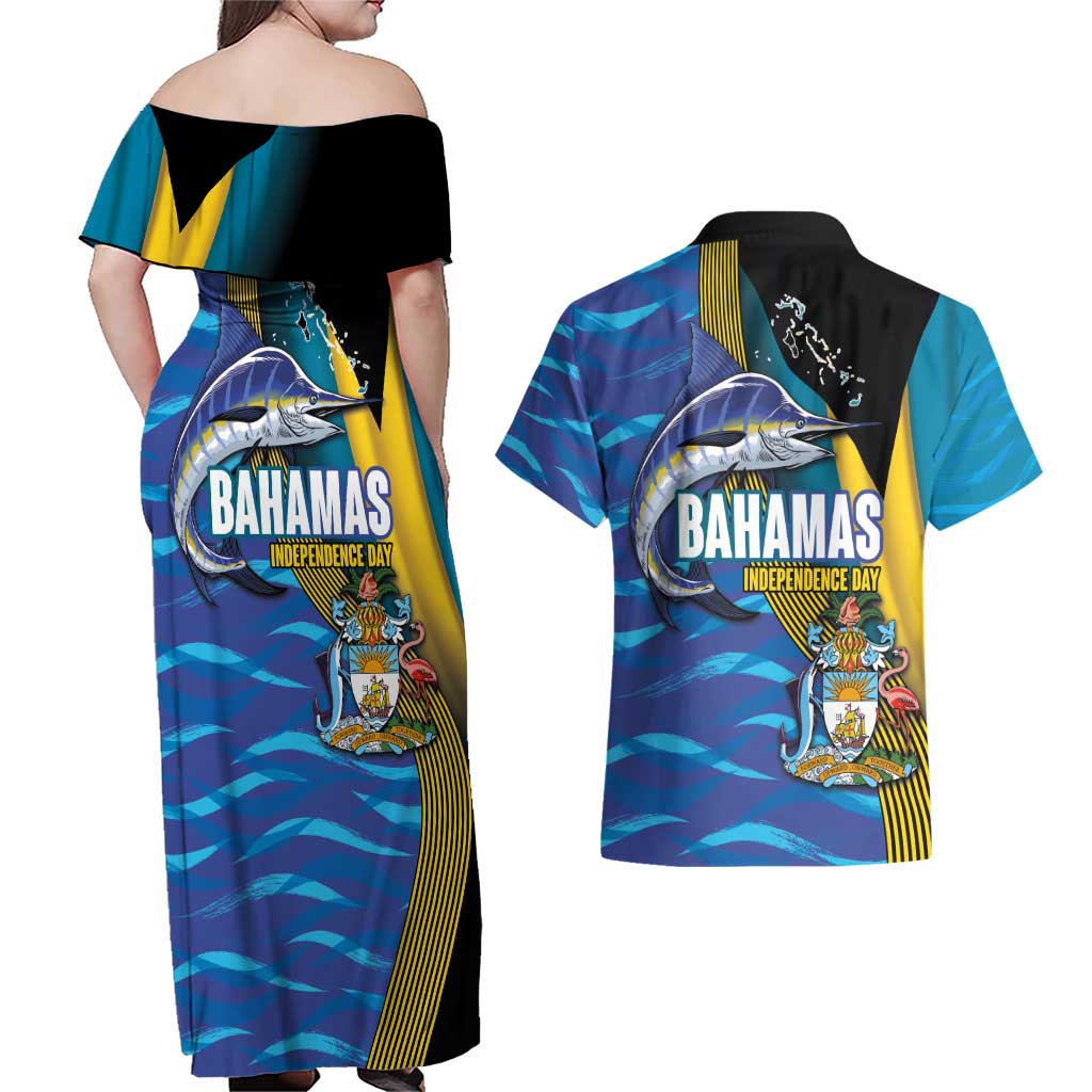 Bahamas Independence Day Couples Matching Off Shoulder Maxi Dress and Hawaiian Shirt National Flag Style with Blue Marlin and Emblem