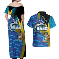 Bahamas Independence Day Couples Matching Off Shoulder Maxi Dress and Hawaiian Shirt National Flag Style with Blue Marlin and Emblem
