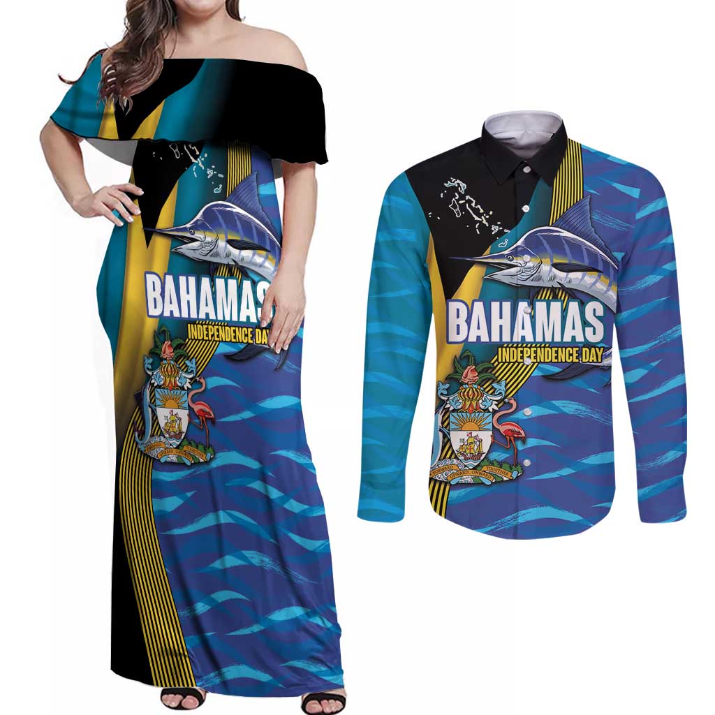 Bahamas Independence Day Couples Matching Off Shoulder Maxi Dress and Long Sleeve Button Shirt National Flag Style with Blue Marlin and Emblem