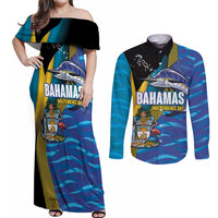 Bahamas Independence Day Couples Matching Off Shoulder Maxi Dress and Long Sleeve Button Shirt National Flag Style with Blue Marlin and Emblem