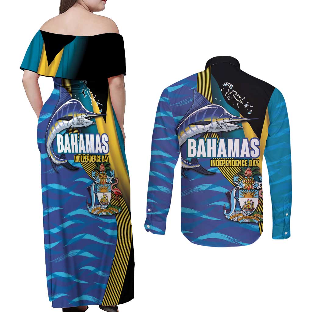 Bahamas Independence Day Couples Matching Off Shoulder Maxi Dress and Long Sleeve Button Shirt National Flag Style with Blue Marlin and Emblem