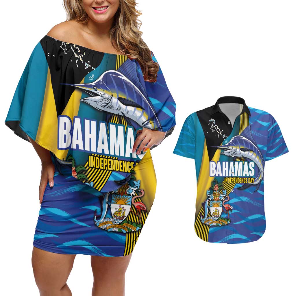 Bahamas Independence Day Couples Matching Off Shoulder Short Dress and Hawaiian Shirt National Flag Style with Blue Marlin and Emblem
