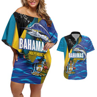 Bahamas Independence Day Couples Matching Off Shoulder Short Dress and Hawaiian Shirt National Flag Style with Blue Marlin and Emblem