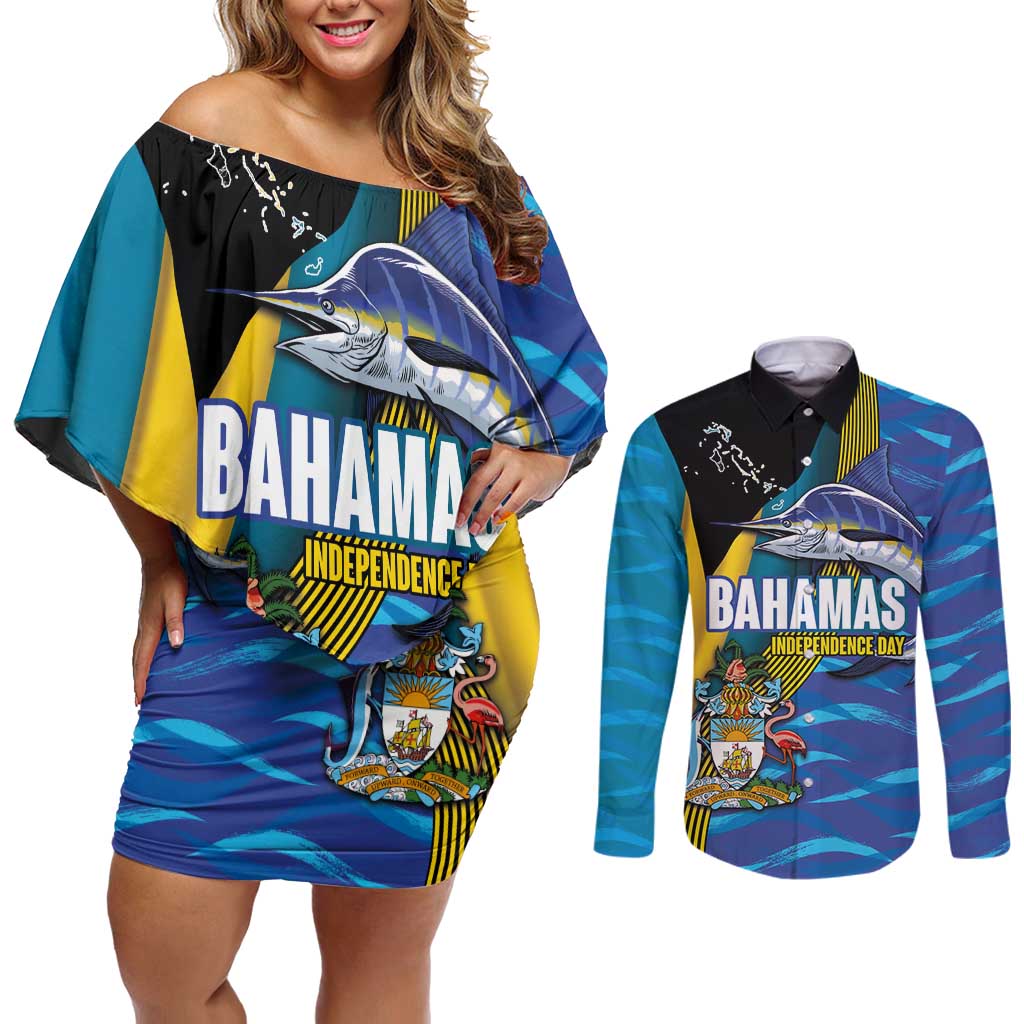 Bahamas Independence Day Couples Matching Off Shoulder Short Dress and Long Sleeve Button Shirt National Flag Style with Blue Marlin and Emblem