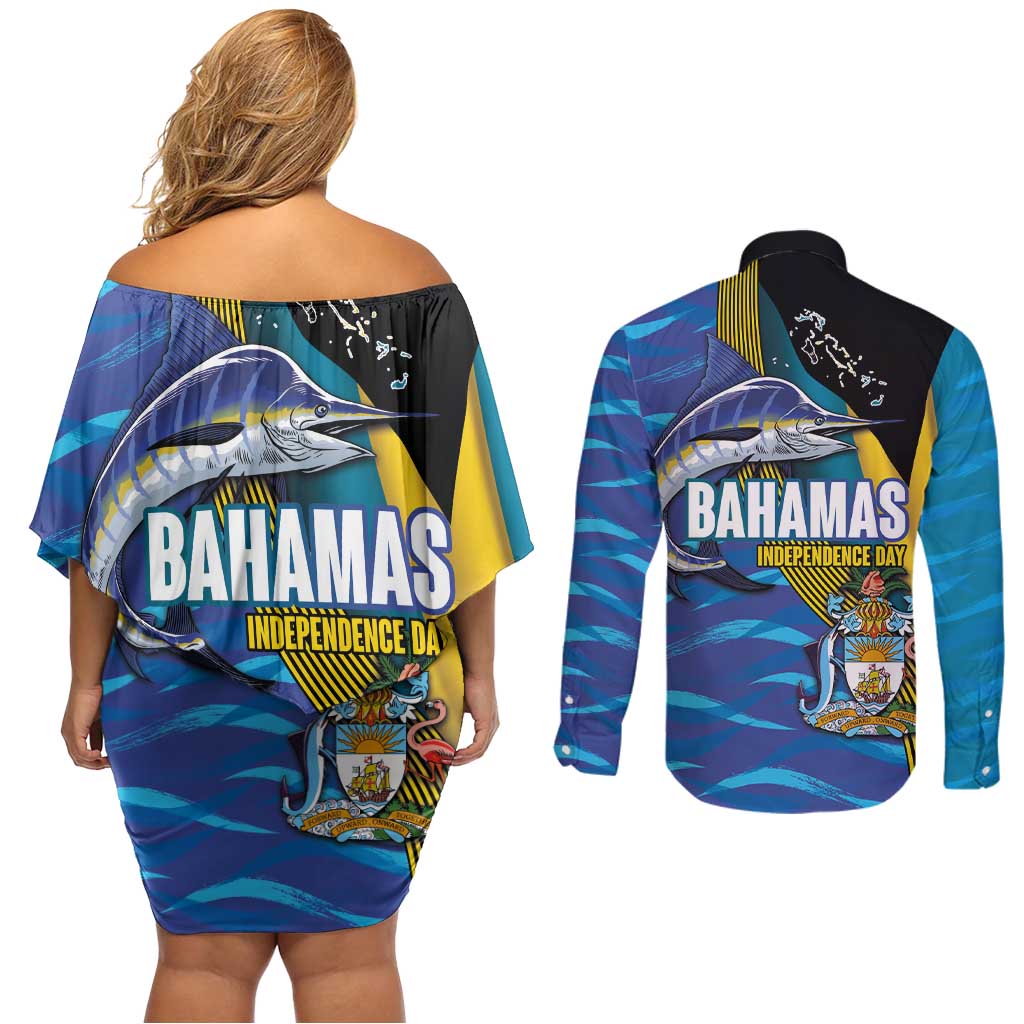 Bahamas Independence Day Couples Matching Off Shoulder Short Dress and Long Sleeve Button Shirt National Flag Style with Blue Marlin and Emblem