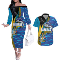 Bahamas Independence Day Couples Matching Off The Shoulder Long Sleeve Dress and Hawaiian Shirt National Flag Style with Blue Marlin and Emblem