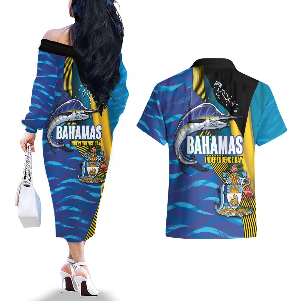 Bahamas Independence Day Couples Matching Off The Shoulder Long Sleeve Dress and Hawaiian Shirt National Flag Style with Blue Marlin and Emblem