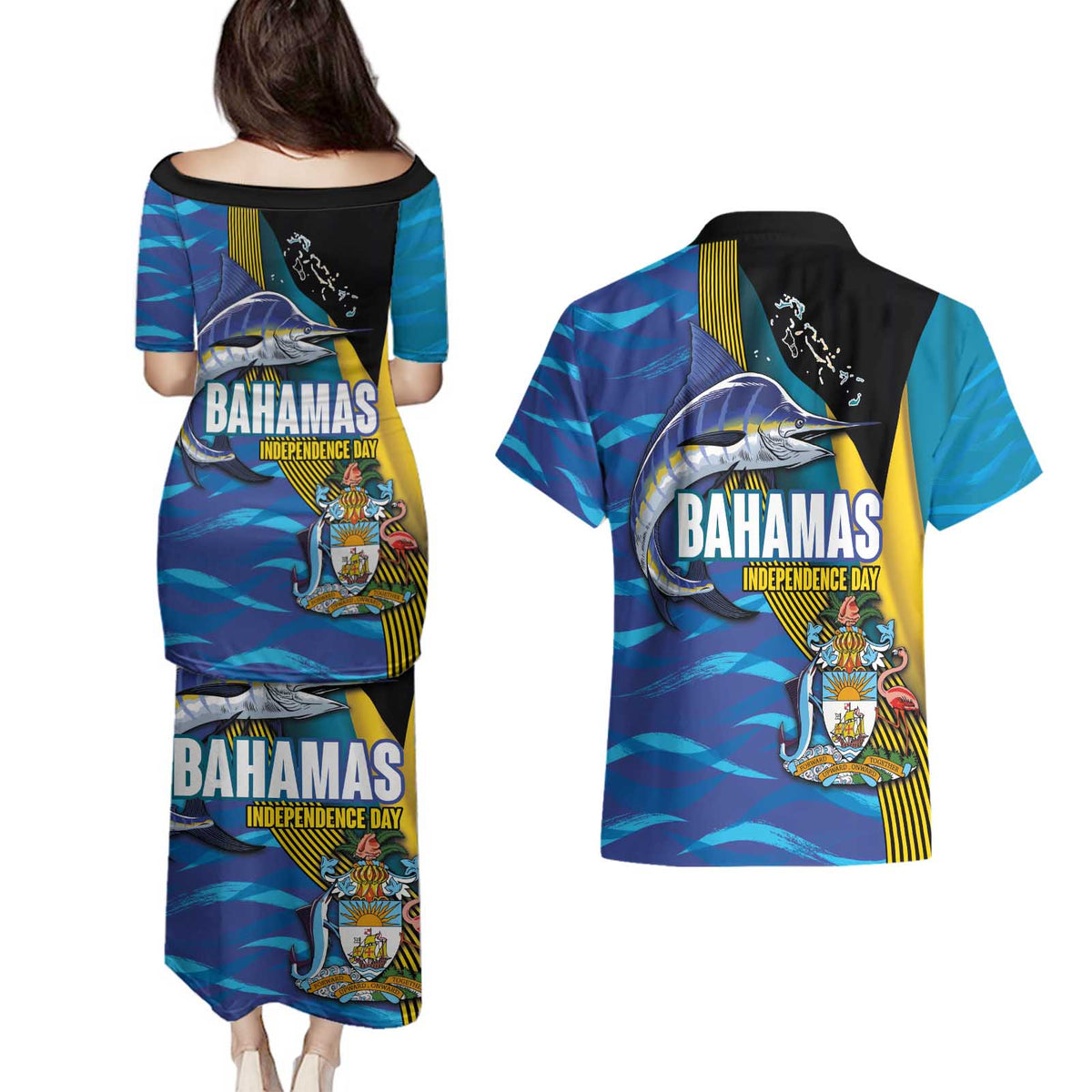 Bahamas Independence Day Couples Matching Puletasi and Hawaiian Shirt National Flag Style with Blue Marlin and Emblem