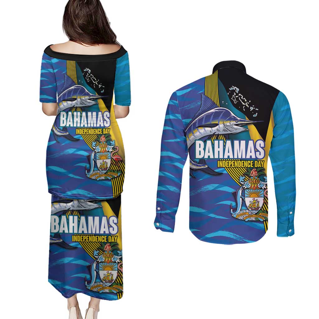 Bahamas Independence Day Couples Matching Puletasi and Long Sleeve Button Shirt National Flag Style with Blue Marlin and Emblem