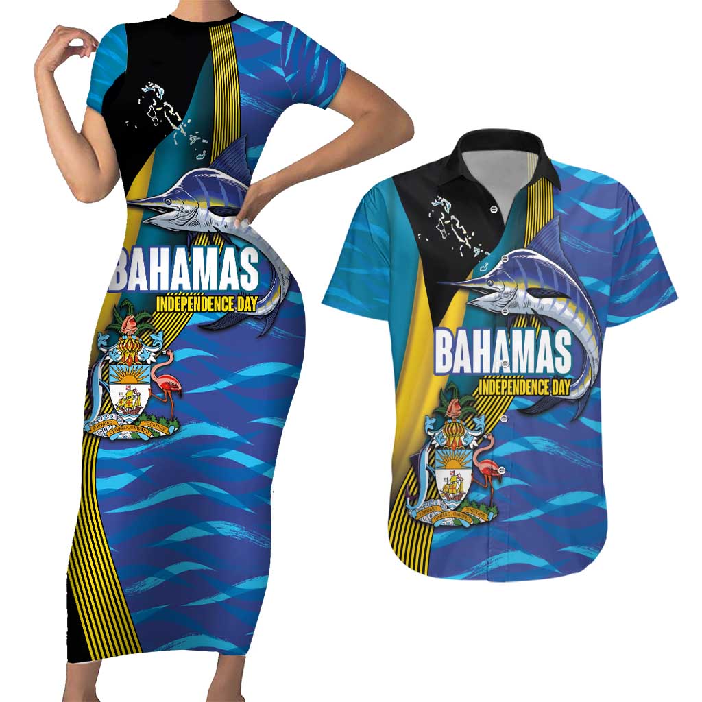 Bahamas Independence Day Couples Matching Short Sleeve Bodycon Dress and Hawaiian Shirt National Flag Style with Blue Marlin and Emblem