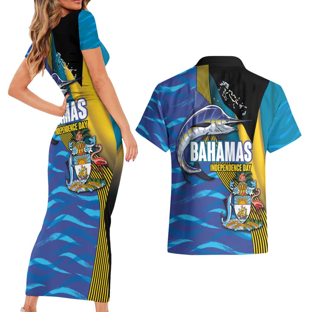 Bahamas Independence Day Couples Matching Short Sleeve Bodycon Dress and Hawaiian Shirt National Flag Style with Blue Marlin and Emblem