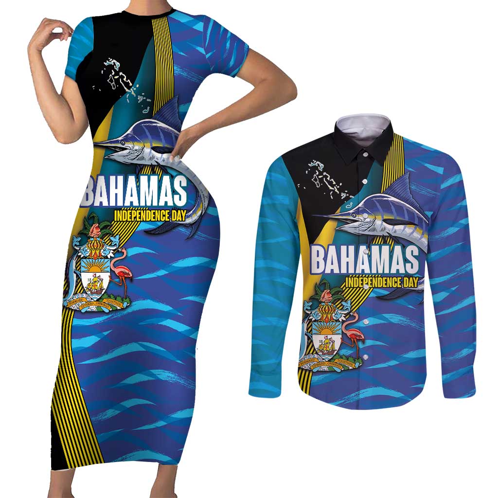 Bahamas Independence Day Couples Matching Short Sleeve Bodycon Dress and Long Sleeve Button Shirt National Flag Style with Blue Marlin and Emblem
