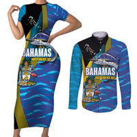 Bahamas Independence Day Couples Matching Short Sleeve Bodycon Dress and Long Sleeve Button Shirt National Flag Style with Blue Marlin and Emblem