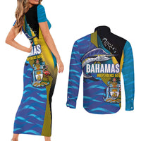 Bahamas Independence Day Couples Matching Short Sleeve Bodycon Dress and Long Sleeve Button Shirt National Flag Style with Blue Marlin and Emblem