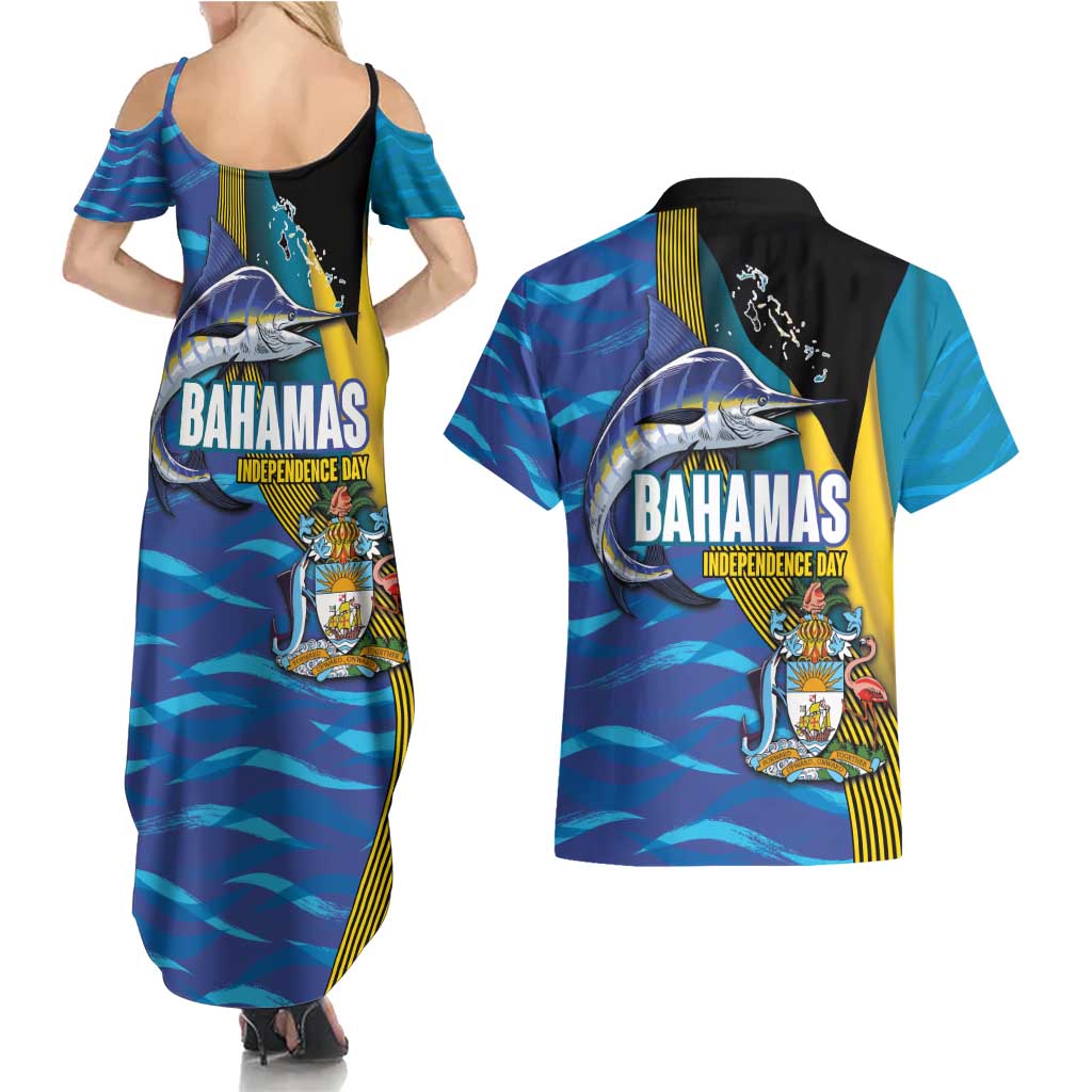 Bahamas Independence Day Couples Matching Summer Maxi Dress and Hawaiian Shirt National Flag Style with Blue Marlin and Emblem