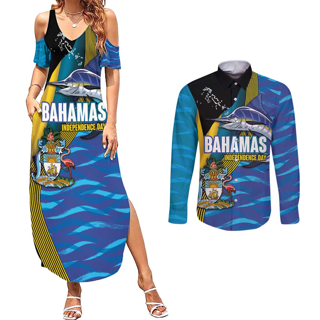 Bahamas Independence Day Couples Matching Summer Maxi Dress and Long Sleeve Button Shirt National Flag Style with Blue Marlin and Emblem