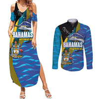 Bahamas Independence Day Couples Matching Summer Maxi Dress and Long Sleeve Button Shirt National Flag Style with Blue Marlin and Emblem