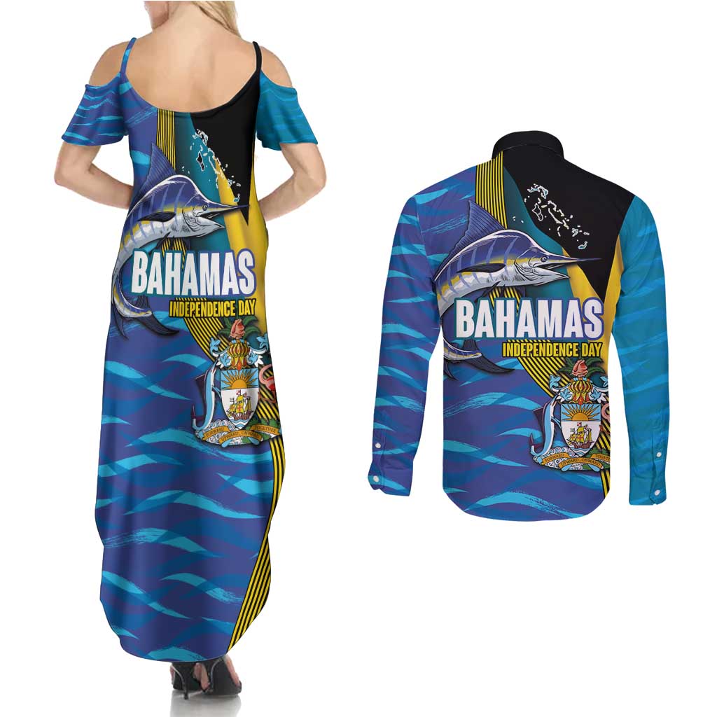 Bahamas Independence Day Couples Matching Summer Maxi Dress and Long Sleeve Button Shirt National Flag Style with Blue Marlin and Emblem