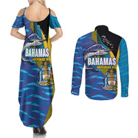 Bahamas Independence Day Couples Matching Summer Maxi Dress and Long Sleeve Button Shirt National Flag Style with Blue Marlin and Emblem