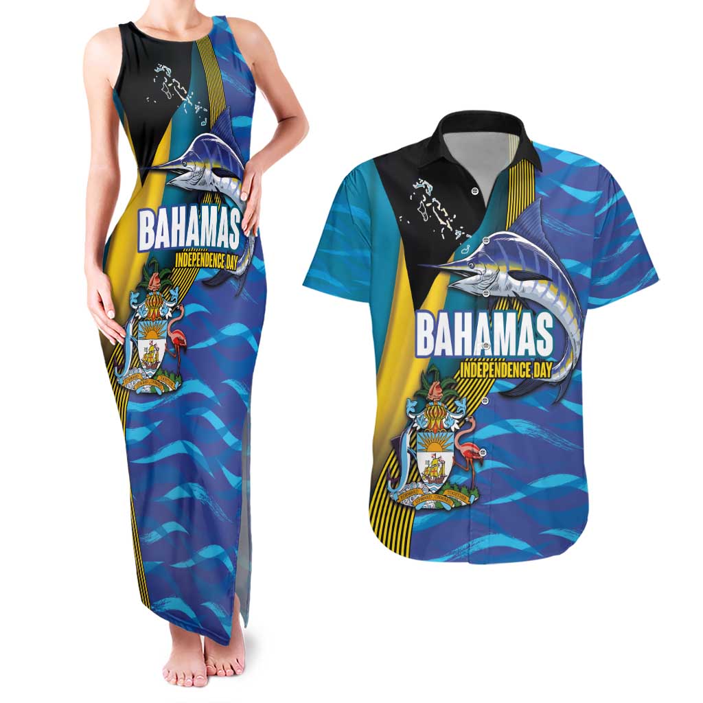 Bahamas Independence Day Couples Matching Tank Maxi Dress and Hawaiian Shirt National Flag Style with Blue Marlin and Emblem