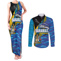 Bahamas Independence Day Couples Matching Tank Maxi Dress and Long Sleeve Button Shirt National Flag Style with Blue Marlin and Emblem