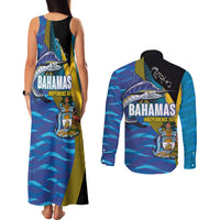 Bahamas Independence Day Couples Matching Tank Maxi Dress and Long Sleeve Button Shirt National Flag Style with Blue Marlin and Emblem
