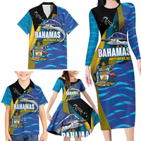 Bahamas Independence Day Family Matching Long Sleeve Bodycon Dress and Hawaiian Shirt National Flag Style with Blue Marlin and Emblem