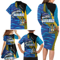 Bahamas Independence Day Family Matching Long Sleeve Bodycon Dress and Hawaiian Shirt National Flag Style with Blue Marlin and Emblem