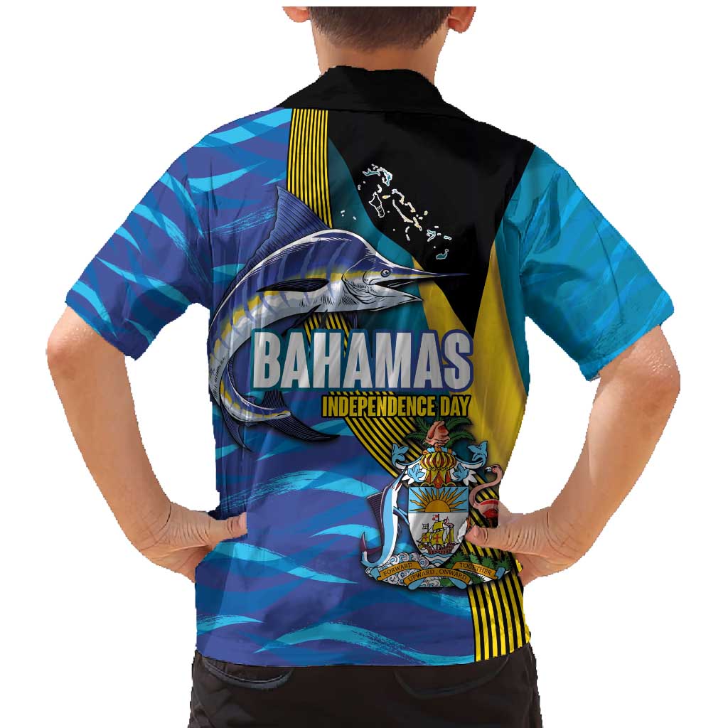 Bahamas Independence Day Family Matching Mermaid Dress and Hawaiian Shirt National Flag Style with Blue Marlin and Emblem